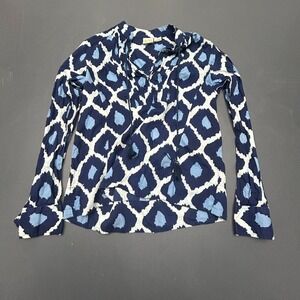Boo Gemes Blouse Women's XS Blue White Ikat Print Tassel Tie Cotton Long Sleeve